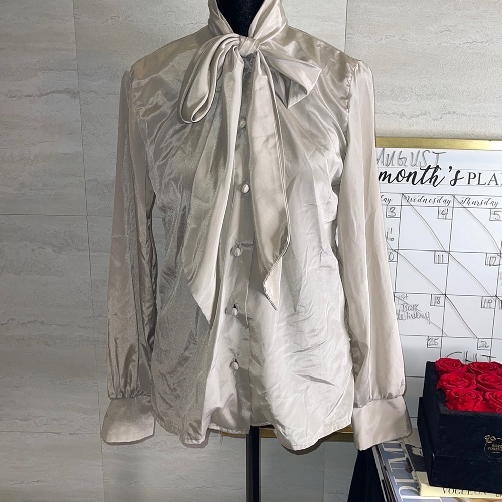 Silver/Light Grey Iridescent Tie Neck Blouse